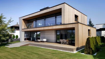 Modern wooden house with terrace and large glass windows in garden