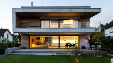 Fototapeta premium Modern architectural house with large windows and open terrace design