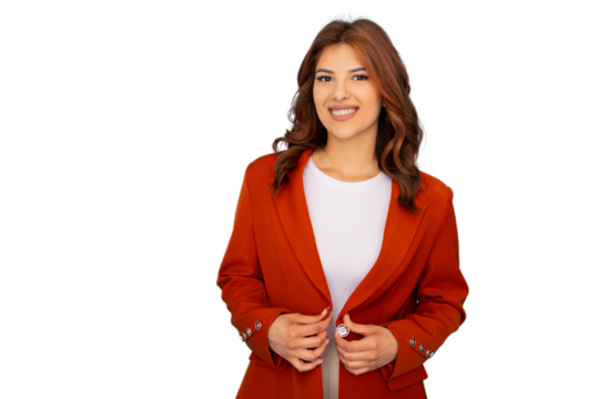Smiling businesswoman buttoning her orange jacket on transparent background