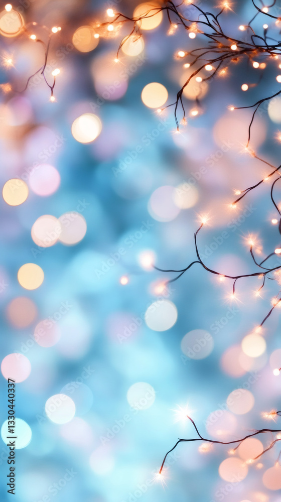 Poster Warm string lights creating a magical bokeh effect against a soft blue background, perfect for holiday projects