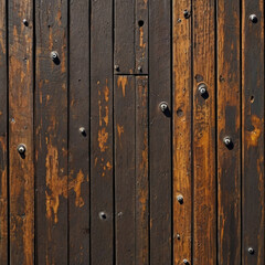 Fototapeta premium Weathered wooden planks with rusty bolts on an old industrial factory wall