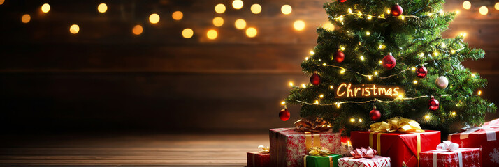 Festive Christmas Tree Wallpaper - A beautifully decorated Christmas tree with presents underneath, symbolizing joy, generosity, family, celebration, and winter holidays