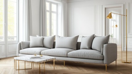 A modern, light gray fabric sofa with brass legs sits prominently in a spacious living room with wooden floors