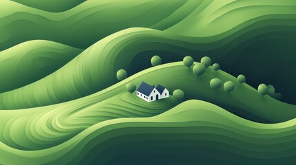 Serene Green Hillscape with Cottage Papercut Style Landscape Illustration