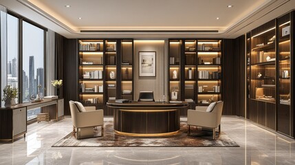 Luxurious modern home office with circular desk, built-in bookshelves, and city view