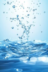 Splashing water droplets against soft blue background for design