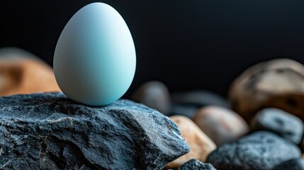 A single blue egg rests on a rough stone surface, surrounded by an assortment of smooth, natural stones. The serene and minimalistic composition creates a calm atmosphere