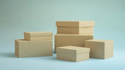 Fototapeta premium Stacked beige cardboard boxes on a light blue background
