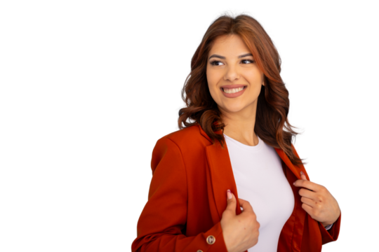 Smiling businesswoman adjusting her terracotta jacket on transparent background