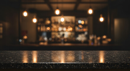Plan de travail en granit sombre avec reflets de lumière chaude, fond flou d'un bar élégant avec des ampoules Edison