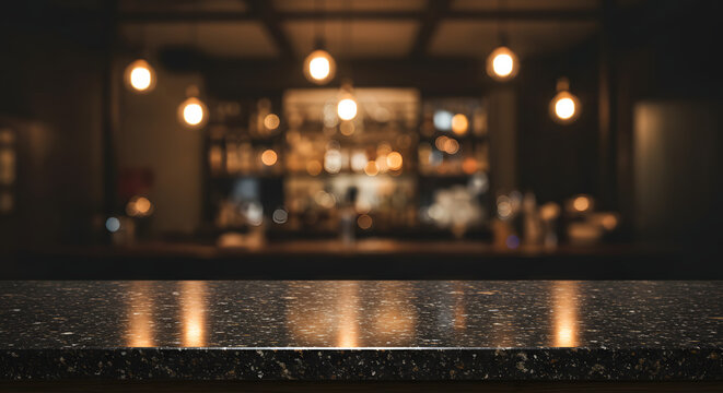 Plan de travail en granit sombre avec reflets de lumière chaude, fond flou d'un bar élégant avec des ampoules Edison