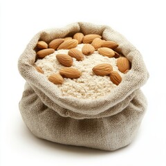 Almonds in a Rustic Sack: A close-up shot showcasing a rustic sack overflowing with raw almonds and almond flour, evoking a sense of natural goodness and culinary delight.