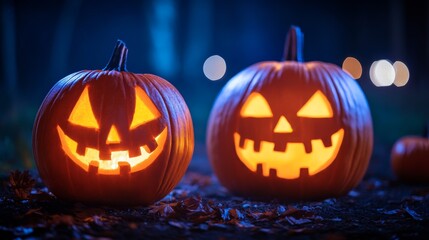 Obraz premium Illuminated Jack-o'-lanterns at Night - Two glowing jack-o'-lanterns sit on the ground in a dark, nighttime setting. Autumn leaves are scattered around them