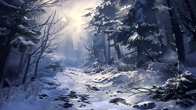 Schneebedeckter Waldweg mit einfallendem Sonnenlicht