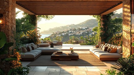 Fototapeta premium Spacious Luxury Outdoor Living Area with Scenic Ocean View