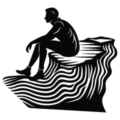 Lonely man is sitting on the cliff silhouette vector
