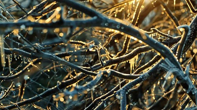 Mit Eis bedeckte Zweige glitzern im Sonnenlicht