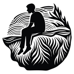 Lonely man is sitting on the cliff silhouette vector