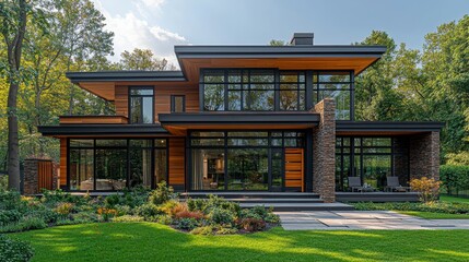 Modern Wooden House Surrounded by Lush Green Landscape in Daylight