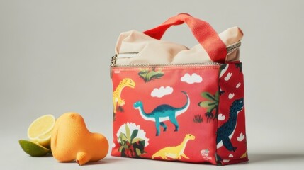 Red dinosaur lunch bag with light beige interior