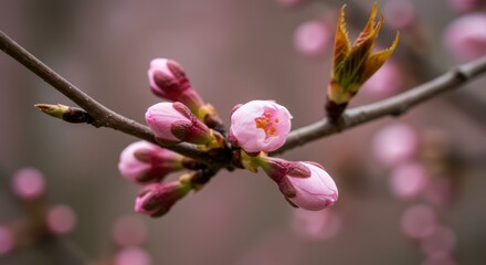 Fototapeta premium Pink Blossom Buds on Branch Opening Up in Early Springtime