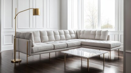 A modern living room with a soft, light gray fabric sofa featuring brass legs and armrests, centered on a dark hardwood floor