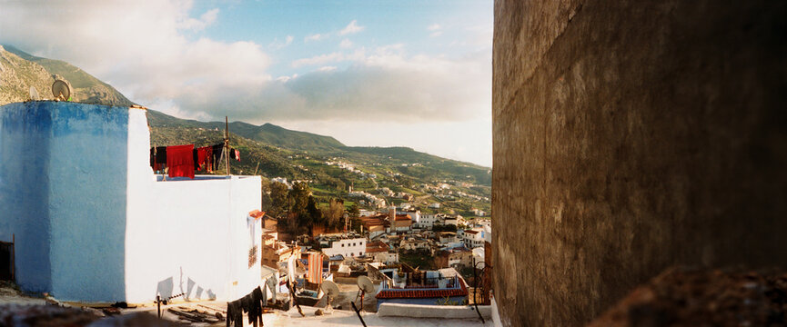Panoramic view of Chefchaouen from inside the medina, Chefchaouen, Morocco.