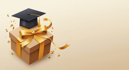 Graduation cap resting on a gift box adorned with a golden ribbon, conveying celebration and joy, symbolizing achievements and milestones in educational journeys against a soft beige background
