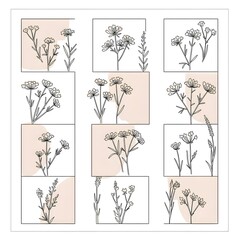 Minimalist line art of delicate wildflowers arranged in a repetitive geometric design.