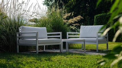 Obraz premium Elegant Outdoor Seating Area with Two White Cushioned Chairs