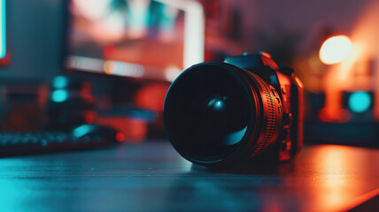 Close-Up of Digital Camera Lens in Photographer's Workspace with Blurred Background