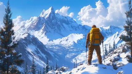 A hiker enjoys breathtaking mountain scenery with a vibrant yellow backpack and winter gear in a serene outdoor environment.