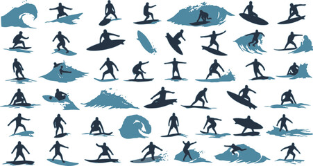 Naklejka premium Surfing Silhouette, vector set of surfer silhouette, surf vector pack 