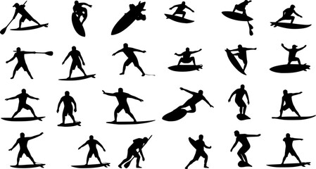 Obraz premium Surfing Silhouette, vector set of surfer silhouette, surf vector pack 