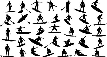 Surfing Silhouette, vector set of surfer silhouette, surf vector pack
