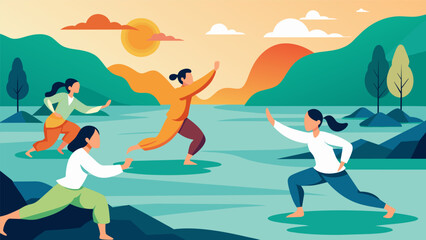 A serene expression graces the faces of those practicing Tai Chi by the rivers edge in the early morning hours the sound of water providing a gentle soundtrack.. Vector illustration