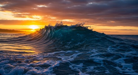 Obraz premium Majestic Ocean Wave Sunset Dramatic Teal Hues. AI Generated