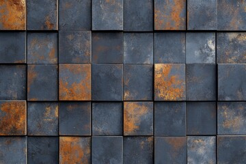 Fototapeta premium Rusted Metal Cube Wall Texture - texture of dark blue and rusty orange metal cubes, ideal for industrial or grunge backgrounds