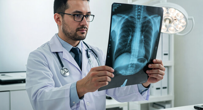 Un m&eacute;decin diagnostique la sant&eacute; du patient pour l&rsquo;asthme, la maladie pulmonaire, le COVID-19 ou le cancer des os avec une radiographie thoracique