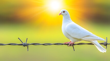 Dove perched on wire, nature, background sun, peace