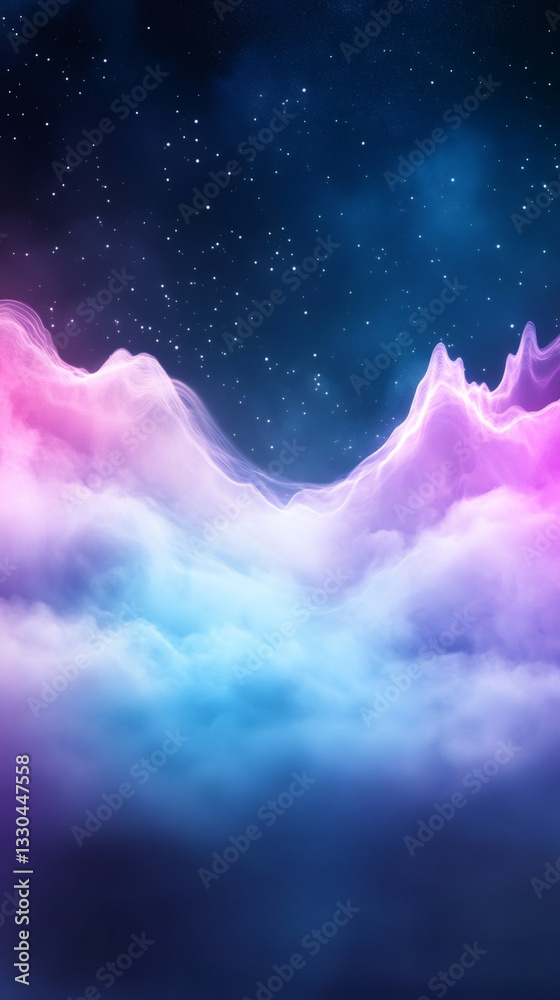 Poster abstract cloudscape with vibrant neon lights glowing under a starry night sky, creating a surreal an