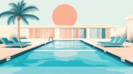 Fototapeta premium Modern pool house with patio and palm tree