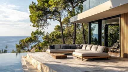 Modern Outdoor Living Space with Scenic View and Poolside Relaxation