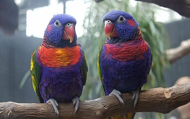 Two vibrant rainbow lorikeets perched on a branch.
