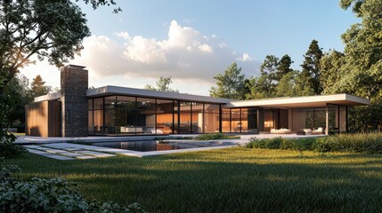 Fototapeta premium Modern Minimalist House Surrounded by Greenery and Natural Light