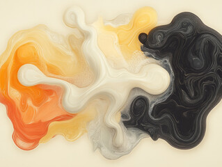 Abstract fluid art with swirling patterns in orange, white, and black, creating dynamic and chaotic visual effect. smooth textures and flowing shapes evoke sense of movement and energy