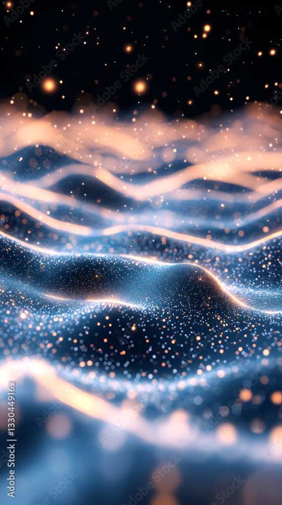 Aufkleber Abstract background with glowing particles flowing and forming abstract blue waves with a dark background and bokeh lights