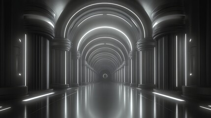Futuristic Hallway With Archways and Columns Illuminated by Neon Lights