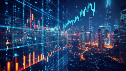 Fototapeta premium Digital stock market with numbers, city skyline in the background, large text Generative AI