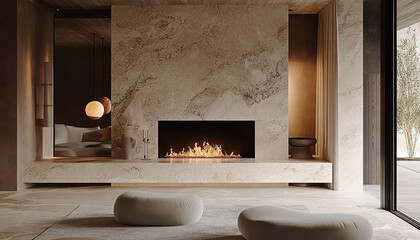 a bohemian luxury home design with a natural marble fireplace